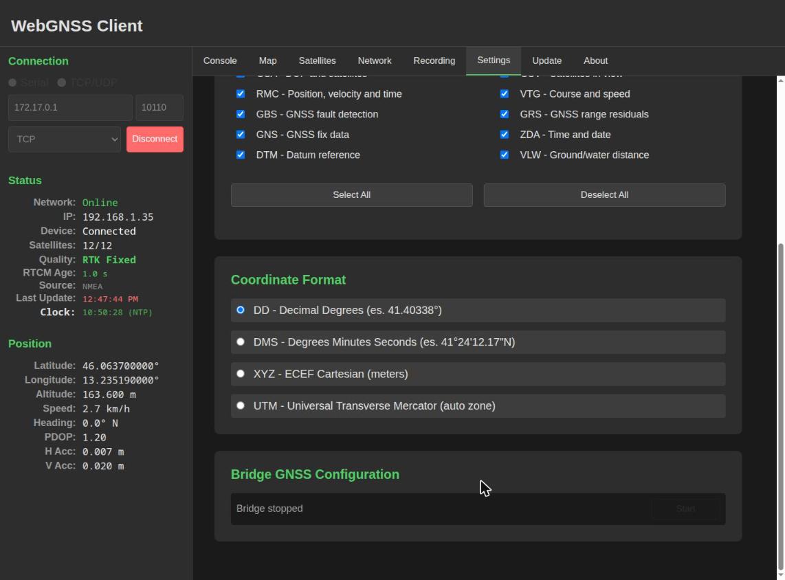 Impostazioni: formato coordinate e bridge